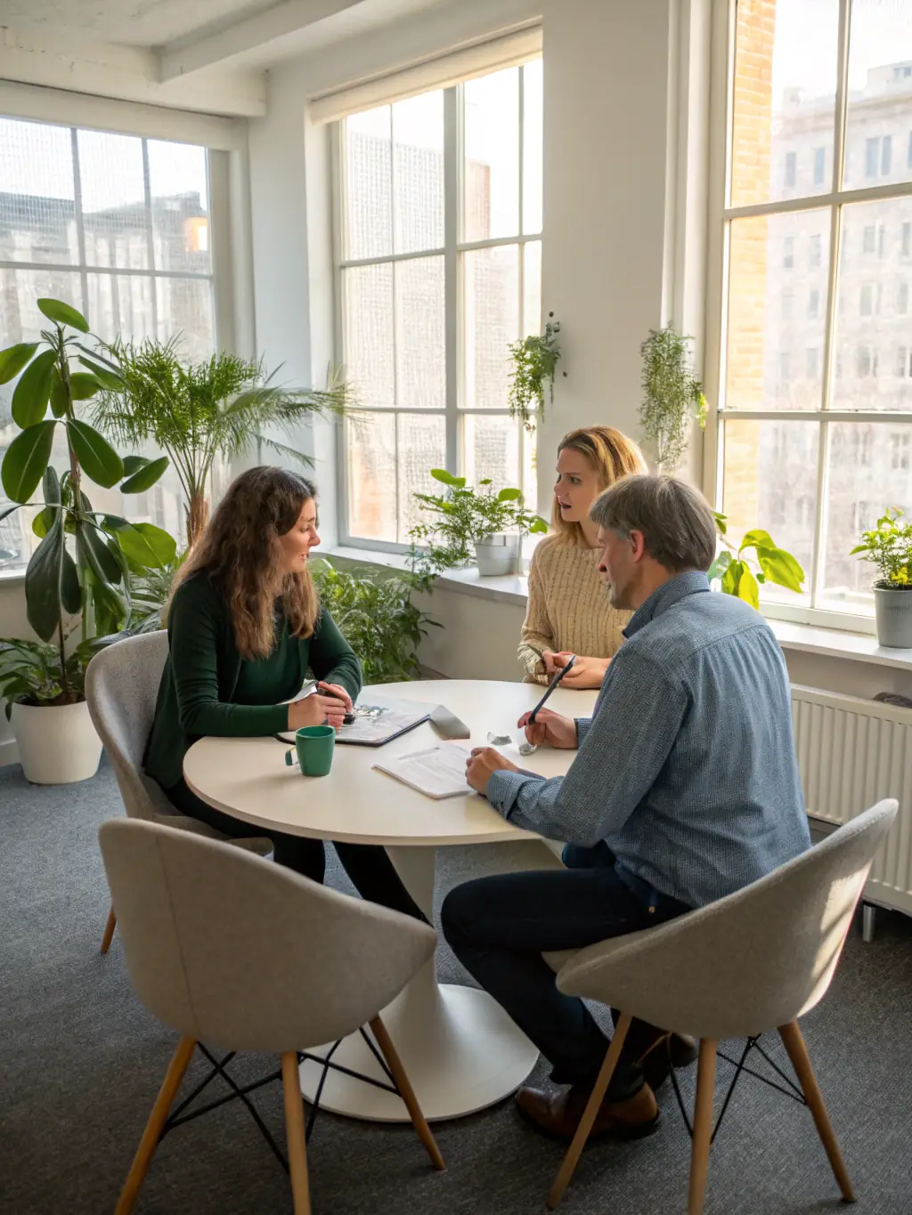 A mediator facilitating a workplace dispute resolution session, with employees and management collaboratively discussing issues and working towards a harmonious solution.