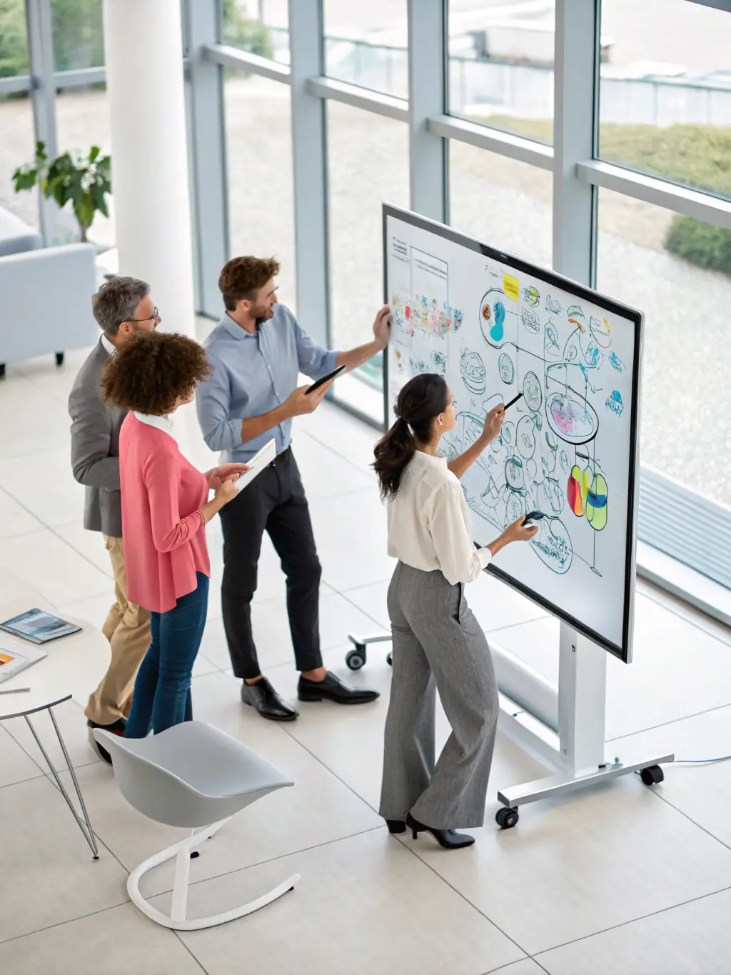 A digital whiteboard with multiple participants collaborating online, led by a mediator, representing online multi-party mediation.