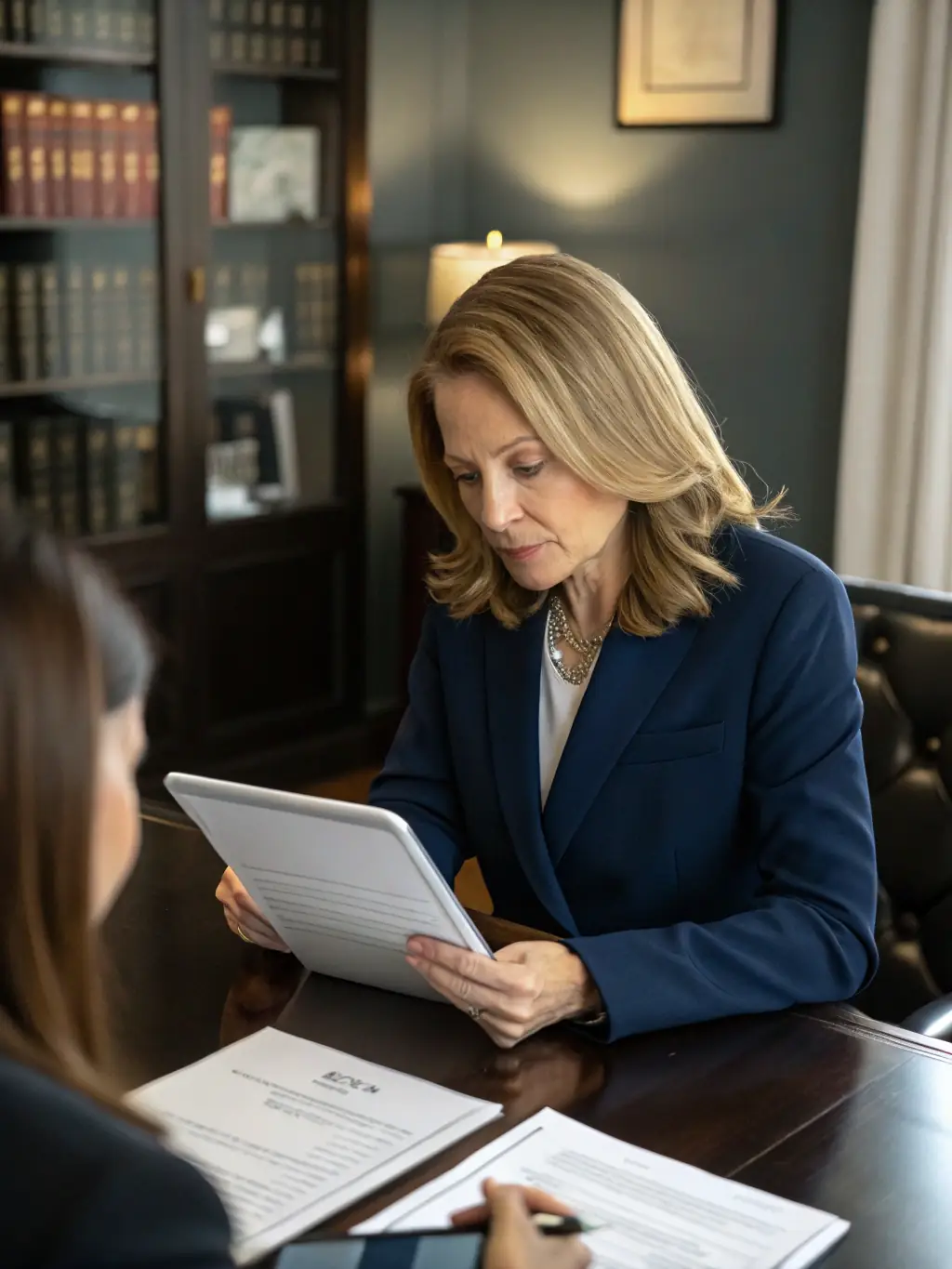 A confident mediator in a modern office, reviewing case files with a focused expression, symbolizing thorough case vetting and professionalism for a mediation service website.