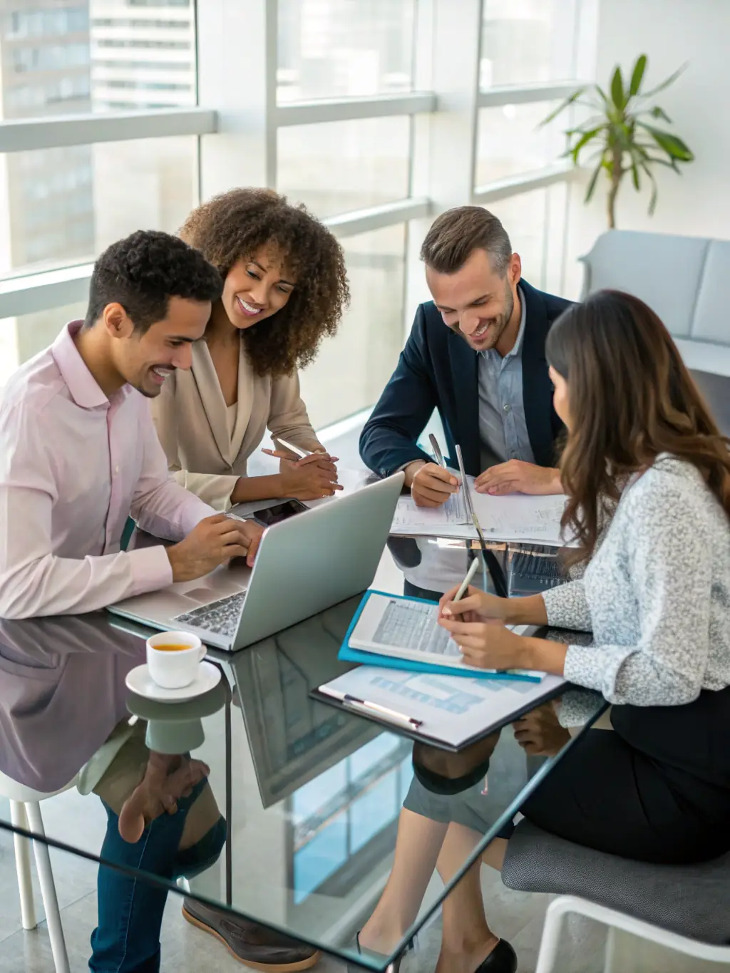 A group of diverse professionals collaborating around a conference table, representing strategic planning and teamwork in complex negotiations for a mediation service website.