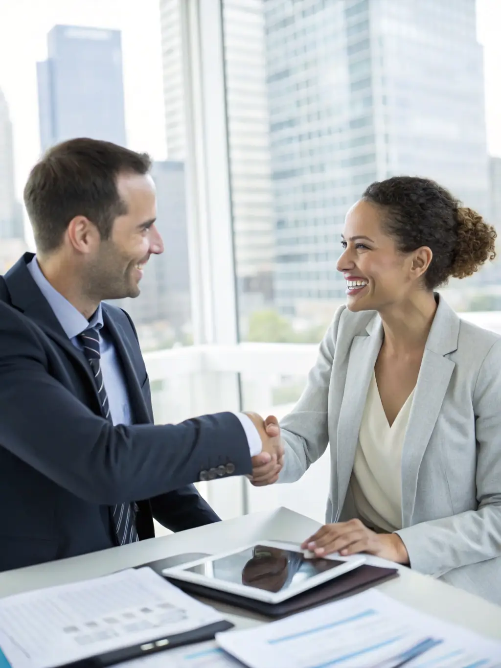 A handshake between two businesspeople in a neutral setting, conveying trust, successful mediation, and positive outcomes for clients of a mediation service.